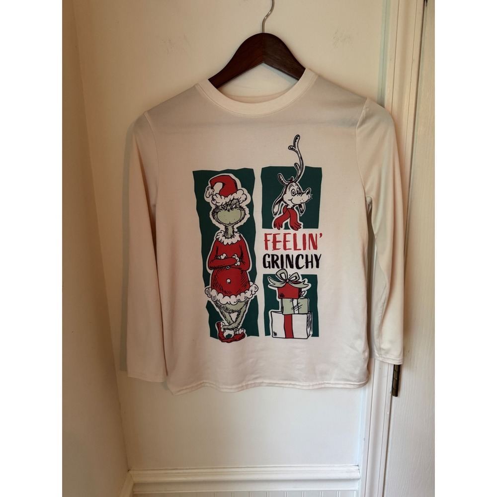 Dr.‎ Seuss The Grinch Kids Feelin Grinchy Long Sleeve Pajama Top Cream L 10/12